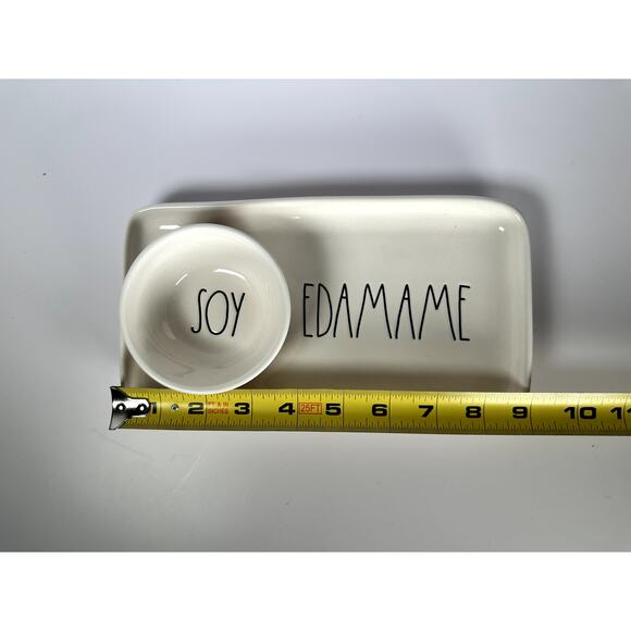 Rae Dunn “Soy” & “Edamame” Attached Bowl on Rectangular Plate 5"x9" Ceramic NWOT - Picture 5 of 5